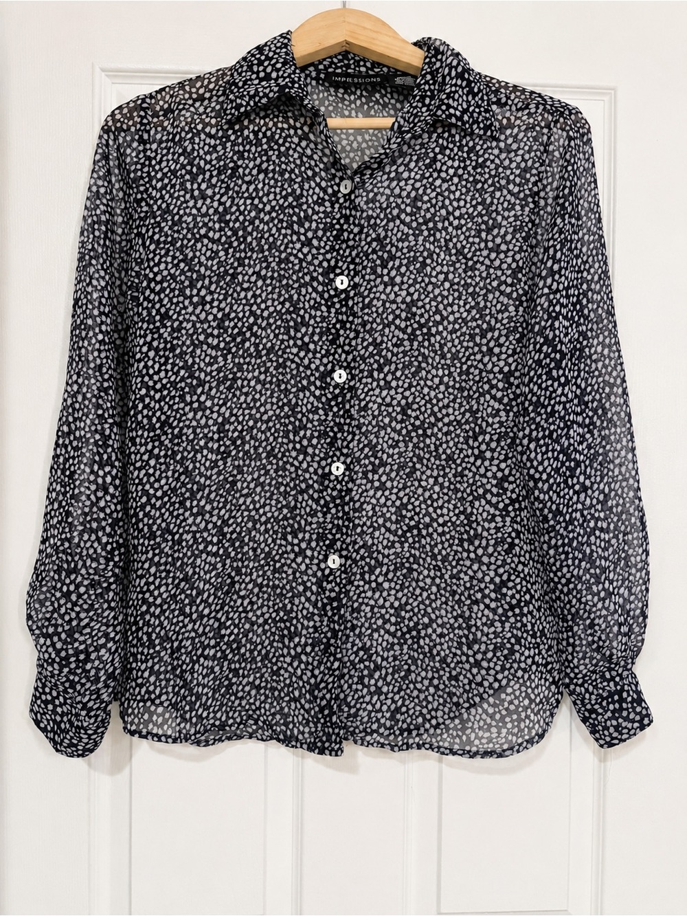 Impressions Blouse Medium Black White Sheer Button Front Long Sleeve Top